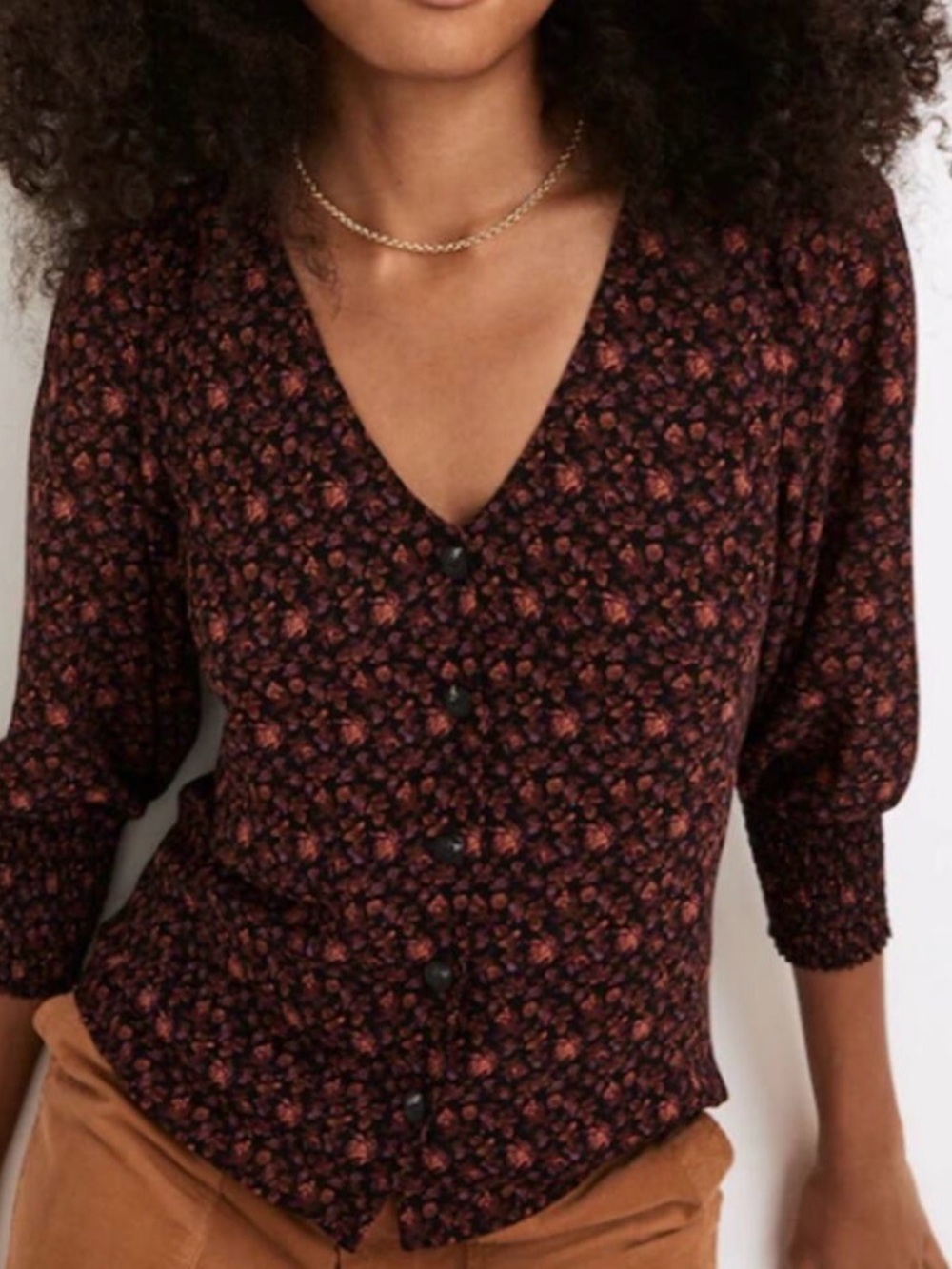 Madewell Georgette Smocked-Cuff Button-Front Top in Orchard Floral